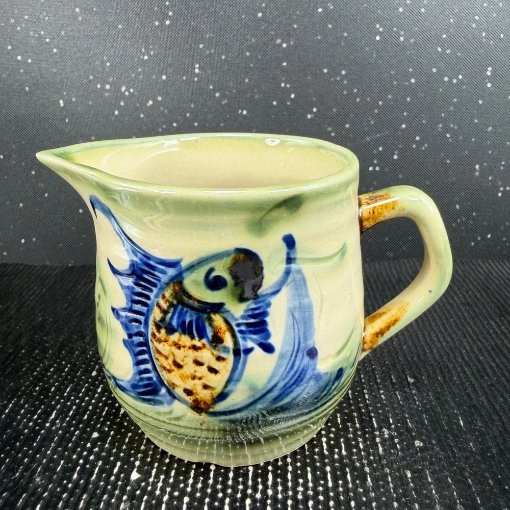 Tsuboya Ware Yachimun Japanese Pottery Creamer and Saucer Set Fish Design 3in